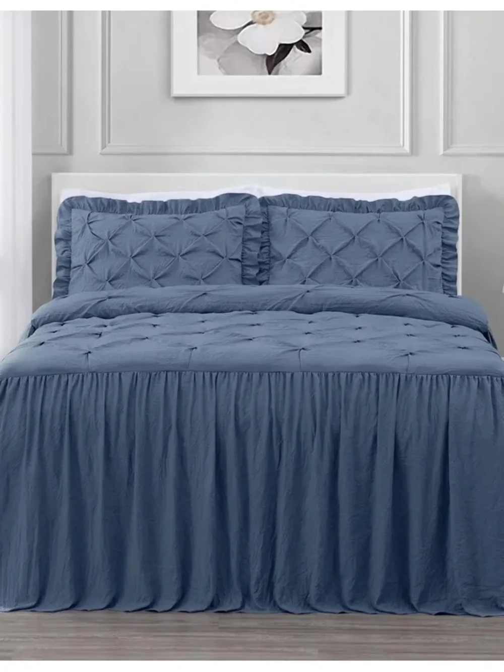 Blue Pintuck Queen 3 piece Bedspread Set - Classic Ruffled Comfort